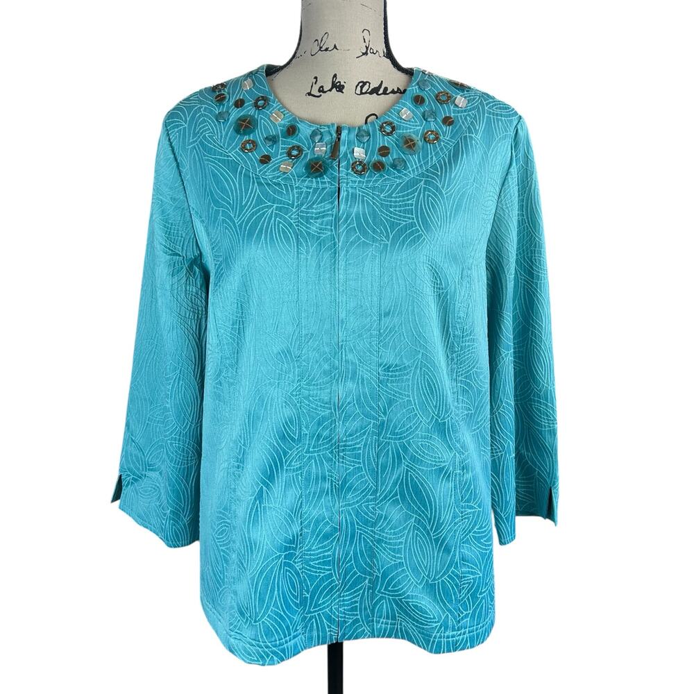 Alfred Dunner Full Zip Jacket Women Size 16 Aqua Blue Beaded Embellished Coastal